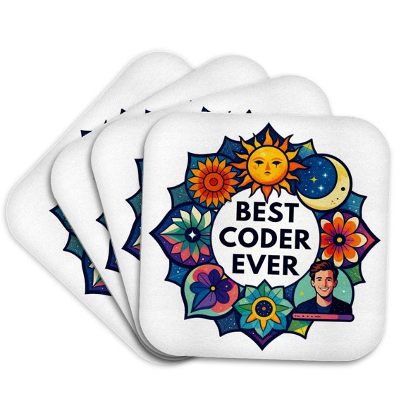 3drose, Best Coder Ever. Funny and Positive Mandala for a Programmer. Gift, Set of 4 Coasters - Soft