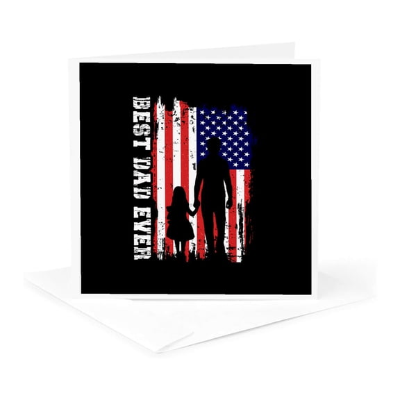 3drose, Best Dad Ever, Silhouette of a Father and Daughter, Usa Flag on Black, 1 Greeting Card with Envelope
