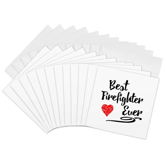 3drose, Best Firefighter Ever Design with Red Scribble Heart, 12 Greeting Cards with Envelopes