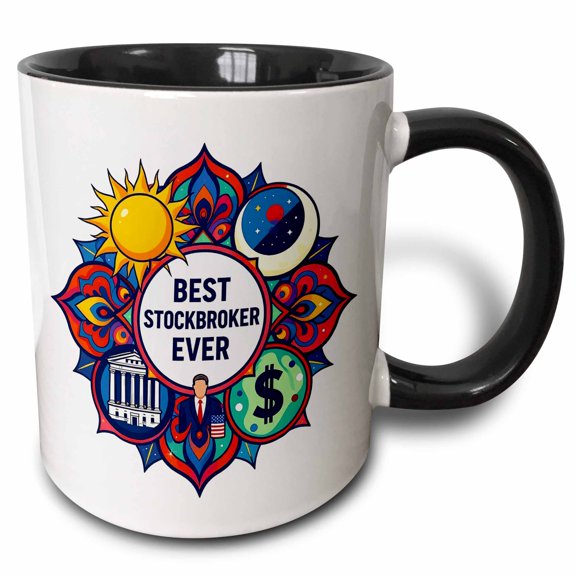 3drose, Best Stockbroker Ever. Colorful Mandala Art for a Cool Businessman, 11oz Two-tone Black Mug