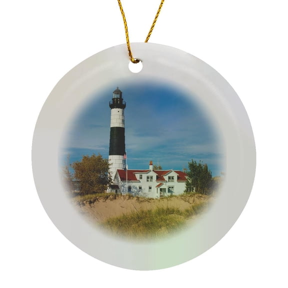 3drose, Big Sable Point Lighthouse, Lake Michigan, Ludington, Michigan, Circle Porcelain Ornament