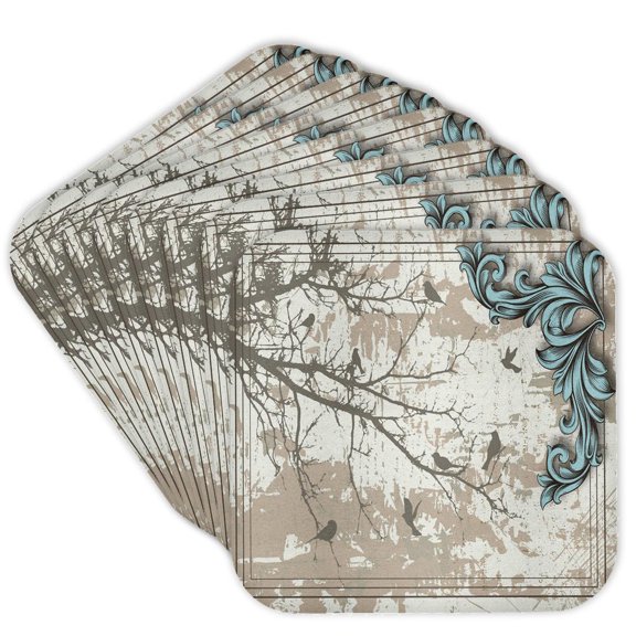 3drose, Birds on a Tree Branch of Gray with a Pretty Blue Flourish, Set of 8 Coasters - Cork