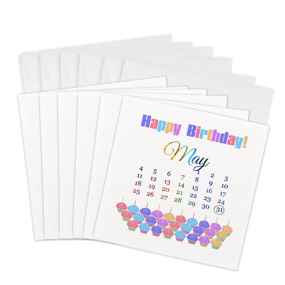 3drose, Birthday on May 31st, Colorful Cupcakes with Candles with Flames, 6 Greeting Cards with Envelopes