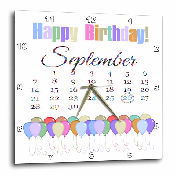 3drose, Birthday on September 26th, Colorful Happy Birthday and Balloons, 13x13 Wall Clock