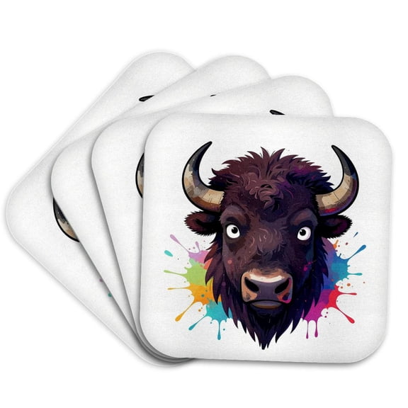3drose, Bison Head Against the Colorful Paint Splatters. Funny Gift for All, Set of 4 Coasters - Soft