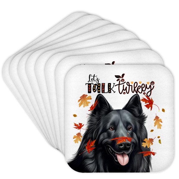 3drose, Black Belgian Sheepdog Talks Turkey on Thanksgiving with Falling Leaves, Set of 8 Coasters - Cork