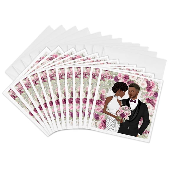 3drose, Black Bride and Groom African American Wedding in Plum Flowers, 12 Greeting Cards with Envelopes