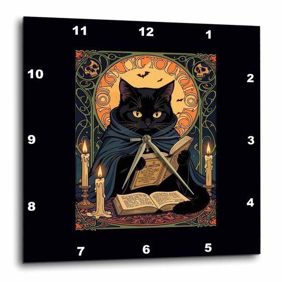 3drose, Black Cat Reading a Book of Solstice Spells, 10x10 Wall Clock