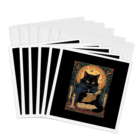 3drose, Black Cat Reading a Book of Solstice Spells, 6 Greeting Cards with Envelopes