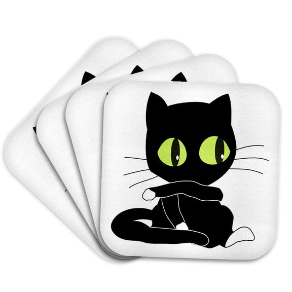 3drose, Black Cat with Large Green Eyes N White Paws, Set of 4 Coasters - Soft