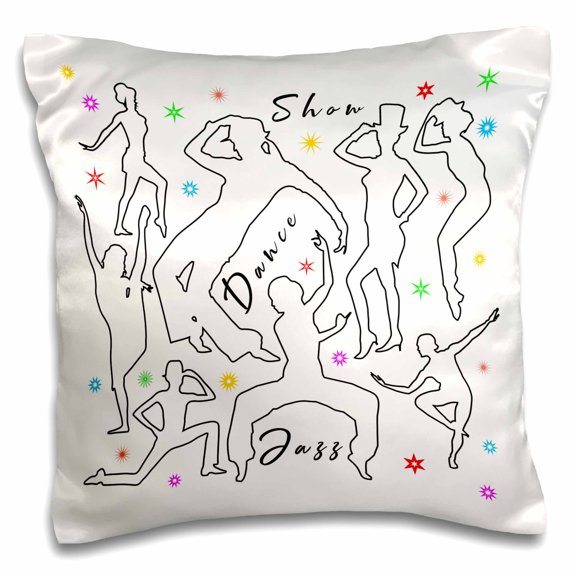 3drose, Black Outlined Dancer Silhouettes, Colorful Stars. Show, Dance, Jazz, 16x16 inch Pillow Case