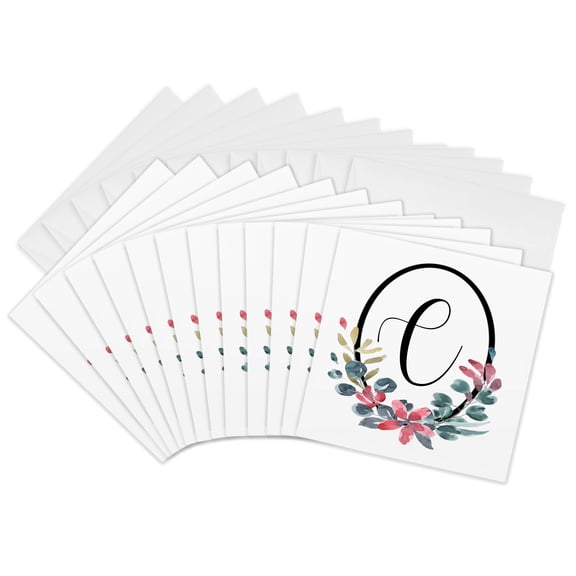 3drose, Black Oval Frame, Pink and Blue Watercolor Floral Monogram Initial C, 12 Greeting Cards with Envelopes