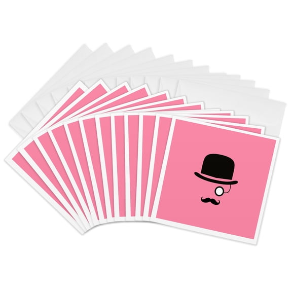 3drose, Black Top Hat, Monocle and Mustache, Light Mauve Background, 12 Greeting Cards with Envelopes