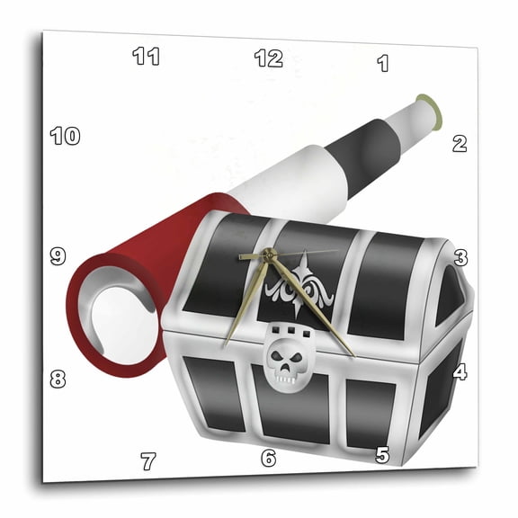 3drose, Black, White, and Gray Pirates Booty Chest with Telescope Illustration, 10x10 Wall Clock