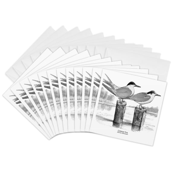 3drose, Black and White Birds on Posts, 12 Greeting Cards with Envelopes
