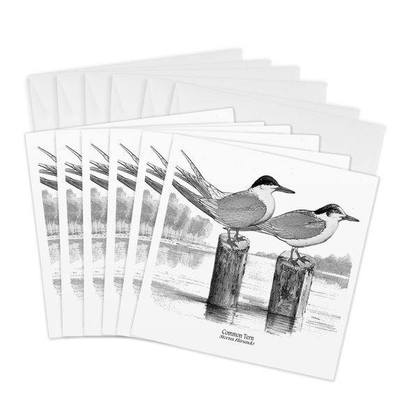 3drose, Black and White Birds on Posts, 6 Greeting Cards with Envelopes