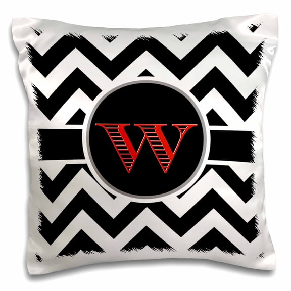 3drose, Black and White Chevron Monogram Red Initial W, 16x16 inch Pillow Case