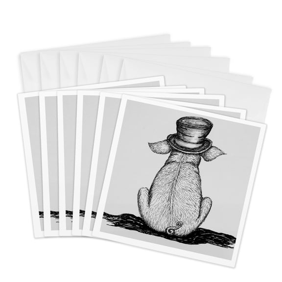 3drose, Black and White Drawing of Pig Wearing Old Tophat, 6 Greeting Cards with Envelopes
