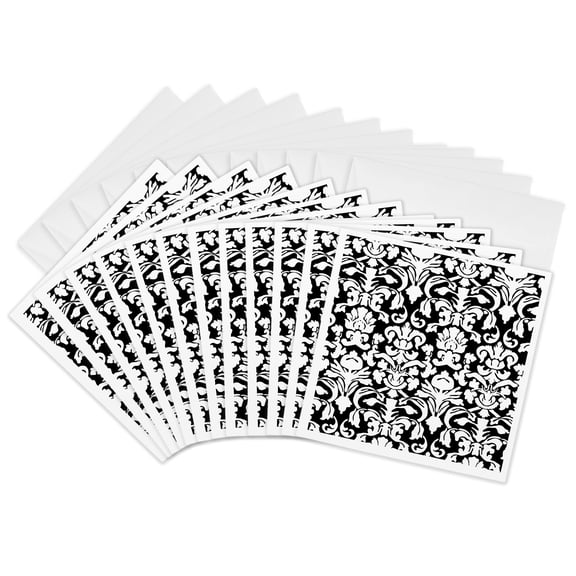 3drose, Black and White French Floral Fancy Damask Pattern - Classic Classy Elegant and Stylish, 12 Greeting Cards with Envelopes