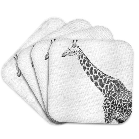 3drose, Black and White Giraffe Sketch- Animals- Art, Set of 4 Coasters - Soft