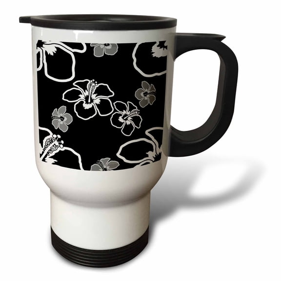 3drose, Black and White Hawaiian Floral Pattern of Hibiscus Flowers., 14oz Stainless Steel Travel Mug