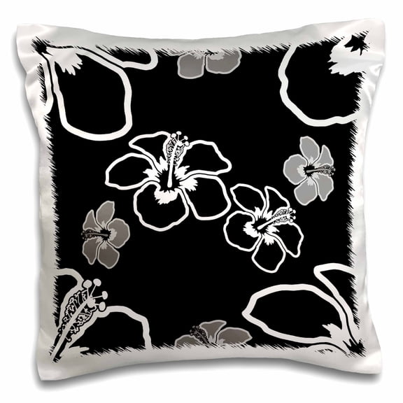3drose, Black and White Hawaiian Floral Pattern of Hibiscus Flowers., 16x16 inch Pillow Case