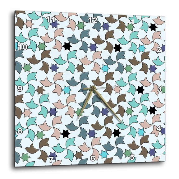3drose, Blue Beige and Brown Spanish Windmills and Stars Geometric Muslim Art Mosaic Pattern, 13x13 Wall Clock