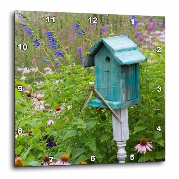 3drose, Blue Birdhouse in Flower Garden, Marion County, Illinois, 15x15 Wall Clock