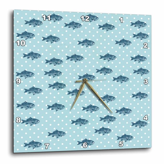 3drose, Blue Fish Polka Dots Beach Theme Art, 15x15 Wall Clock