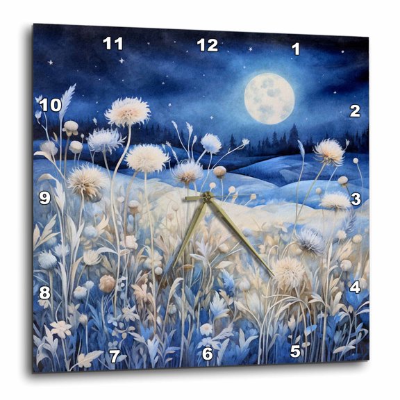 3drose, Blue Full Moon Night Sky and Flowers Background, 15x15 Wall Clock