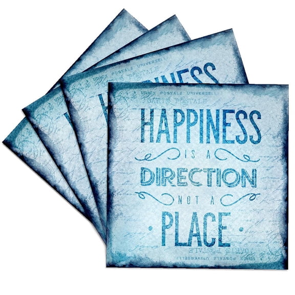 3drose, Blue Happiness Is a Direction Not a Place Inspirational Quote, Set of 4 Ceramic Tile Coasters