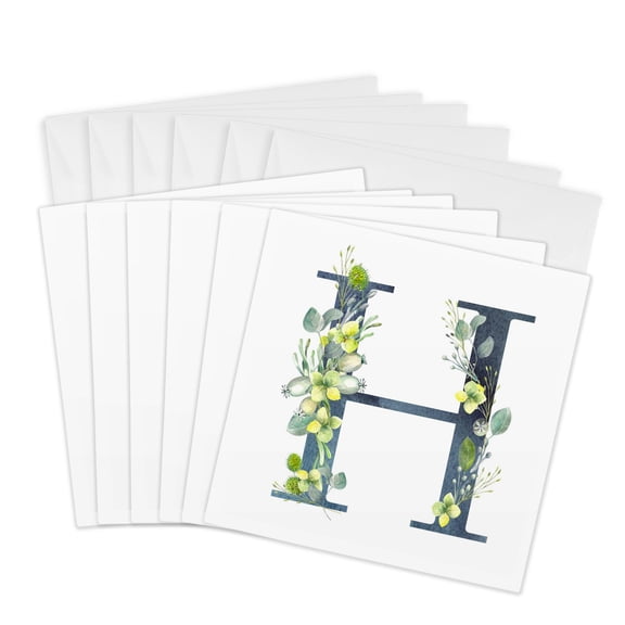 3drose, Blue Monogram Initial H with Pretty Yellow Wild Flowers, 6 Greeting Cards with Envelopes