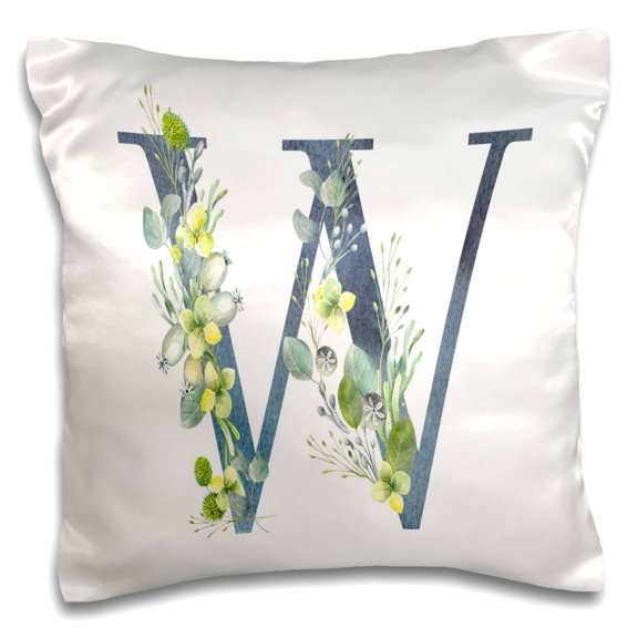 3drose, Blue Monogram Initial W with Pretty Yellow Wild Flowers, 16x16 inch Pillow Case