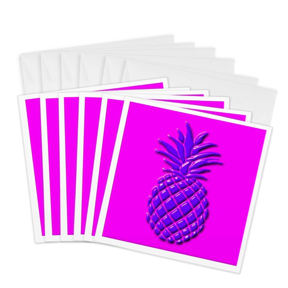 3drose, Blue Pineapple on Hot Pink Background- Not Embossed, 6 Greeting Cards with Envelopes