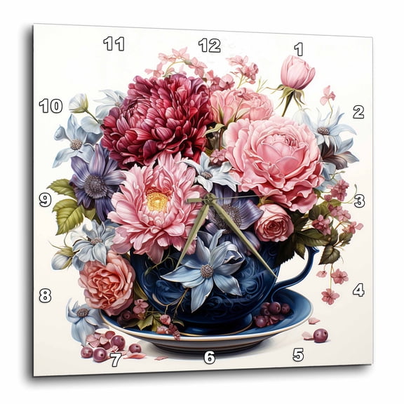 3drose, Blue Teacup Filled with Beautiful Flowers Illustration, 15x15 Wall Clock
