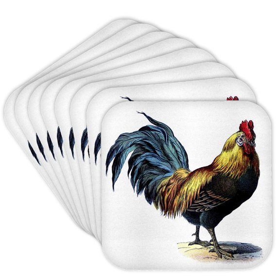 3drose, Blue Yellow Red Victorian Rooster, Set of 8 Coasters - Cork
