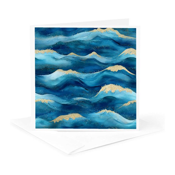 3drose, Blue and Image of Gold Modern Sea Wave Pattern, 1 Greeting Card with Envelope