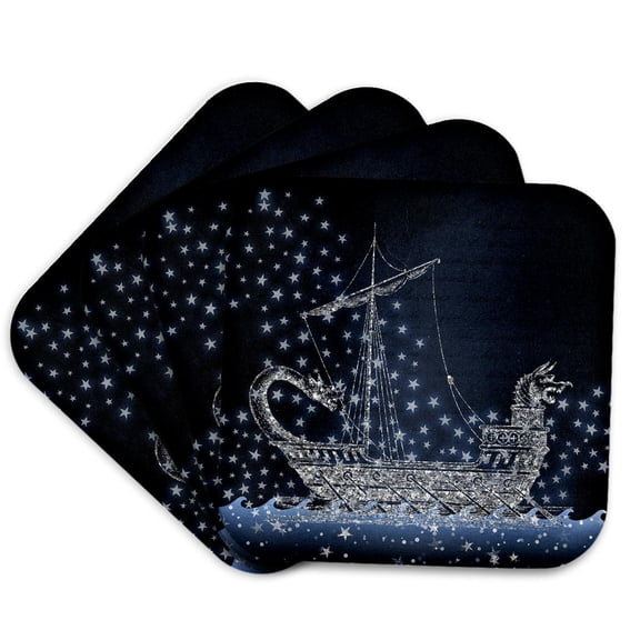 3drose, Blue and Image of Silver Viking Boat and Stars Design, Set of 4 Coasters - Soft