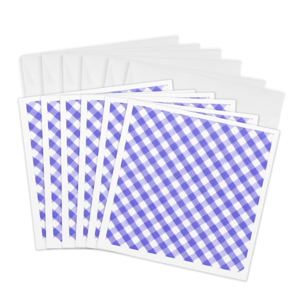 3drose, Blue and White Gingham Pattern - Diagonal Checks Rustic Checkered Retro Country Kitchen Dining Chef, 6 Greeting Cards with Envelopes
