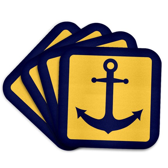 3drose, Blue and Yellow Nautical Anchor Design, Set of 4 Coasters - Soft