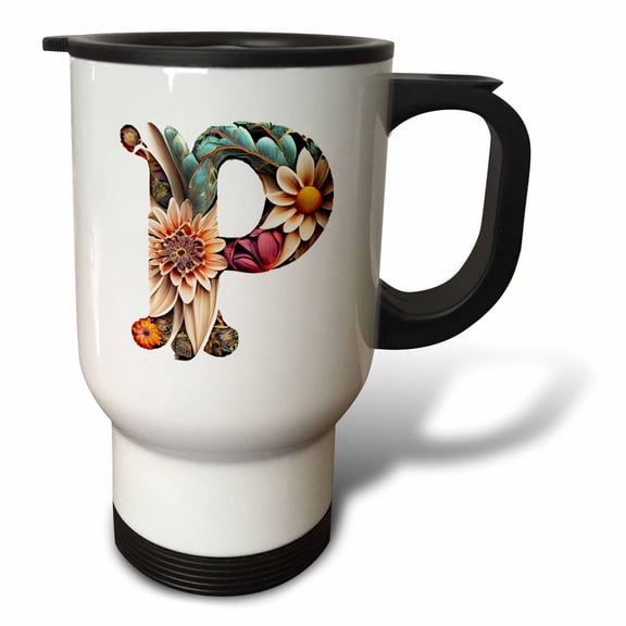 3drose, Boho Floral Monogram Initial P, 14oz Stainless Steel Travel Mug