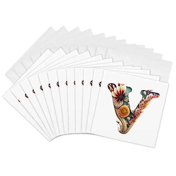 3drose, Boho Floral Monogram Initial V, 12 Greeting Cards with Envelopes
