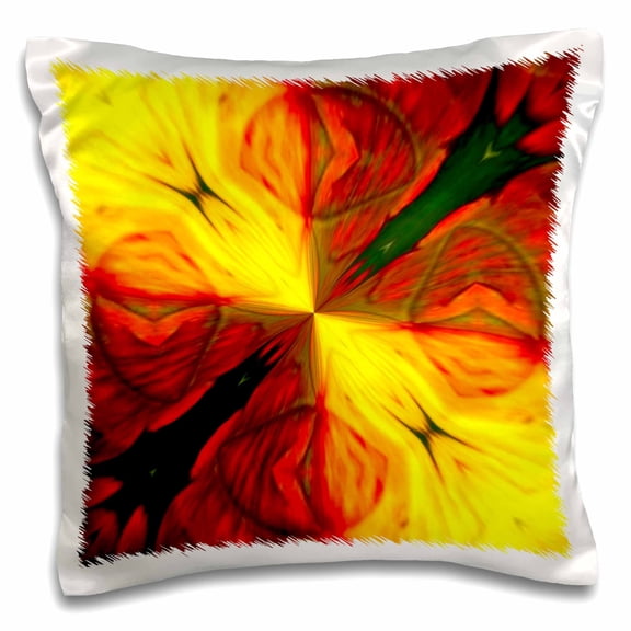3drose, Bold Red, Green and Golden Yellow Colored Abstract Kaleidoscope, 16x16 inch Pillow Case