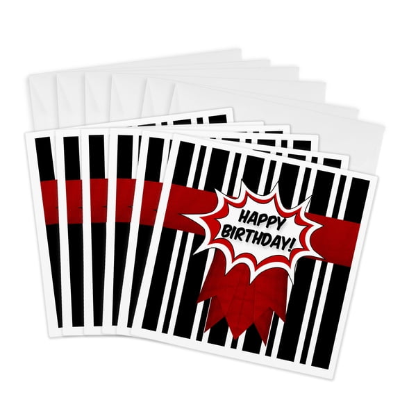 3drose, Bold Vertical Black and White Stripes with Red Comic Happy Birthday, 6 Greeting Cards with Envelopes