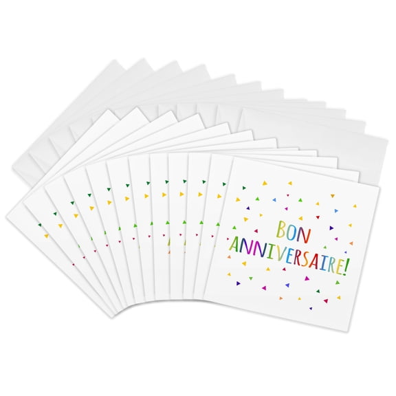 3drose, Bon Anniversaire - Happy Birthday in French Colorful Rainbow Text, 12 Greeting Cards with Envelopes