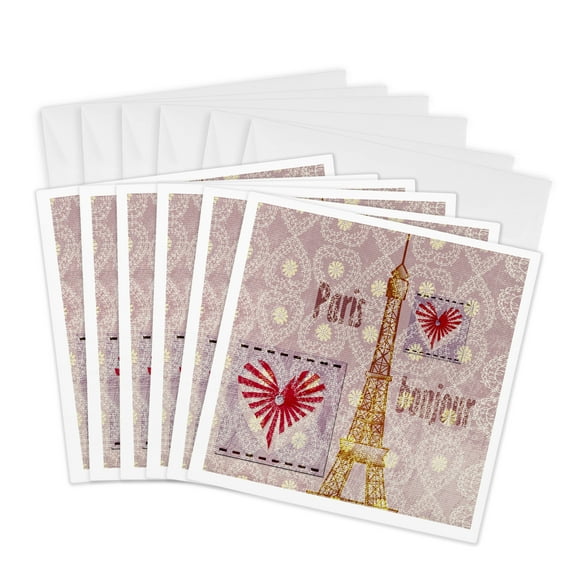 3drose, Bonjour Paris - French Inspired Hearts Art, 6 Greeting Cards with Envelopes