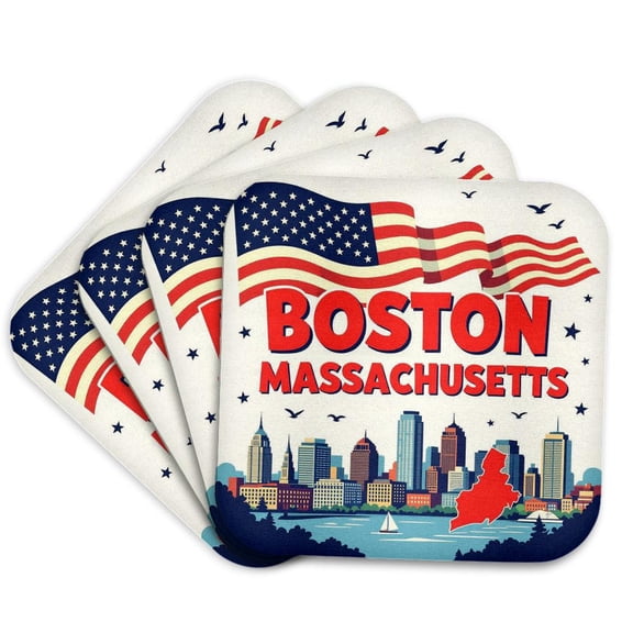 3drose, Boston, Massachusetts. City, State Map, American Flag Patriot Gift, Set of 4 Coasters - Soft