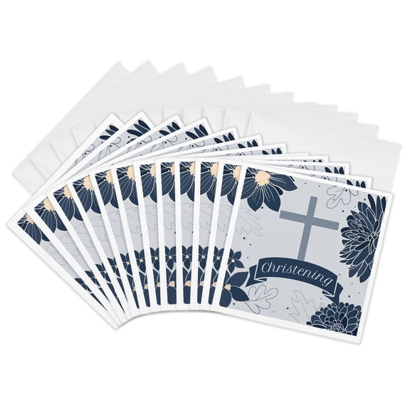 3drose, Boys Christening in Bold Blue Flowers and Christian Cross, 12 Greeting Cards with Envelopes
