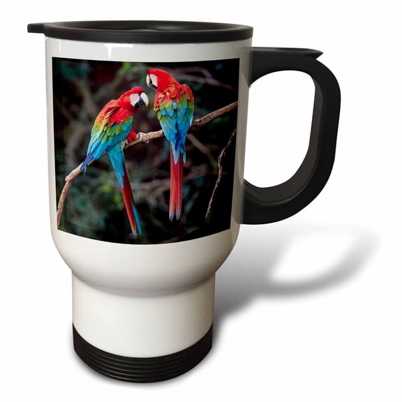 3drose, Brazil, Jardim, Sinkhole of the Macaws. Red and Green Macaws Together., 14oz Stainless Steel Travel Mug