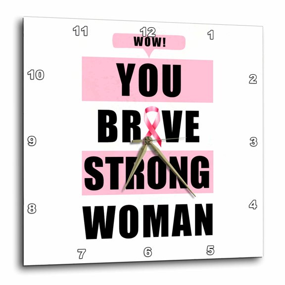 3drose, Breast Cancer Pink Ribbon Typography Brave Strong Woman, 10x10 Wall Clock